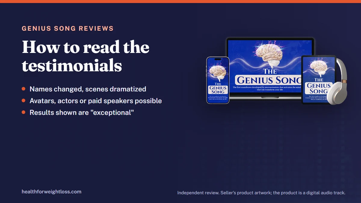The Genius Song reviews: the seller's product artwork beside a summary of how the sales video testimonials
