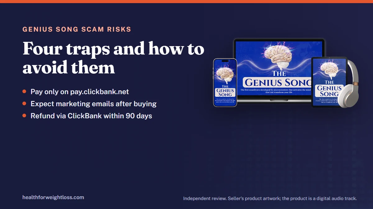 The Genius Song scam: the seller's product artwork beside four risks a buyer should watch for, on a dark indigo background
