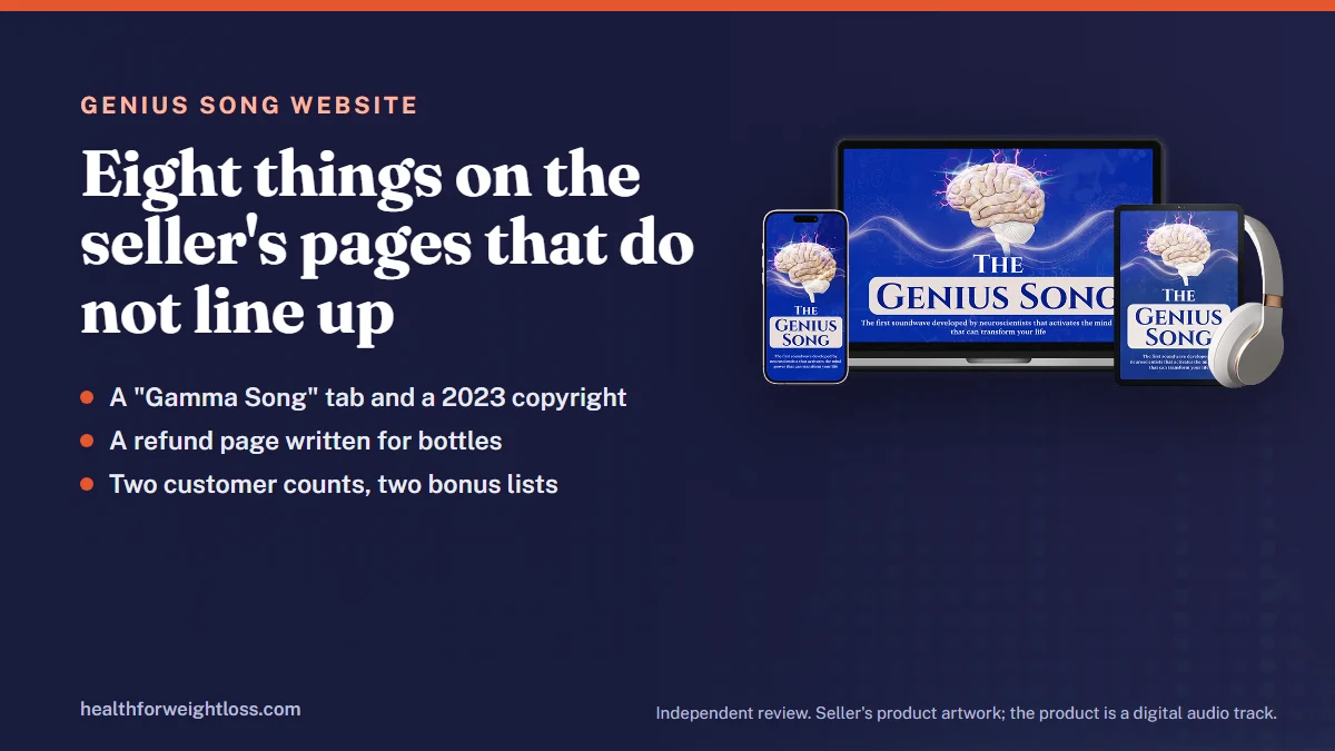 The Genius Song website: a mismatched tab title, a bottle refund page and two customer counts