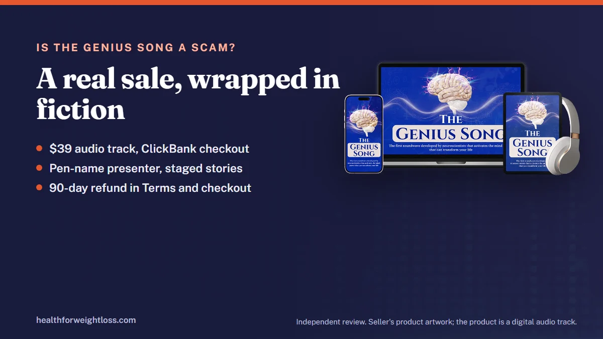 Is The Genius Song a scam: the seller's product artwork beside our two-part verdict on the purchase and the marketing