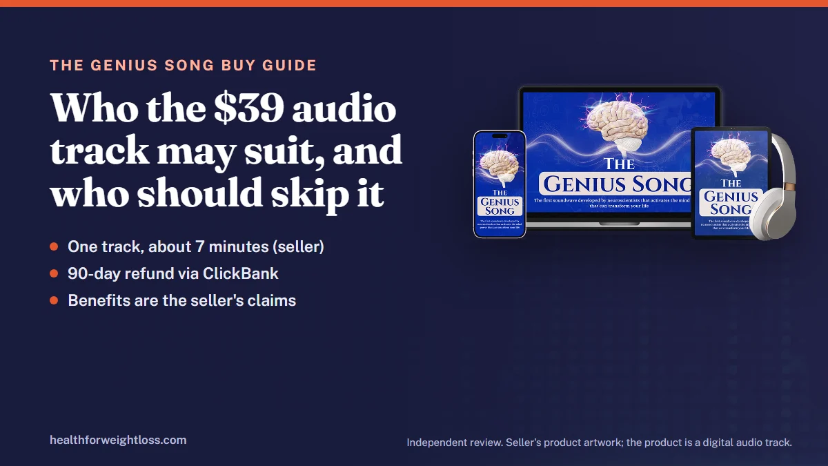 Buy The Genius Song: the seller's product artwork beside the $39 one-time price and a 90-day refund badge