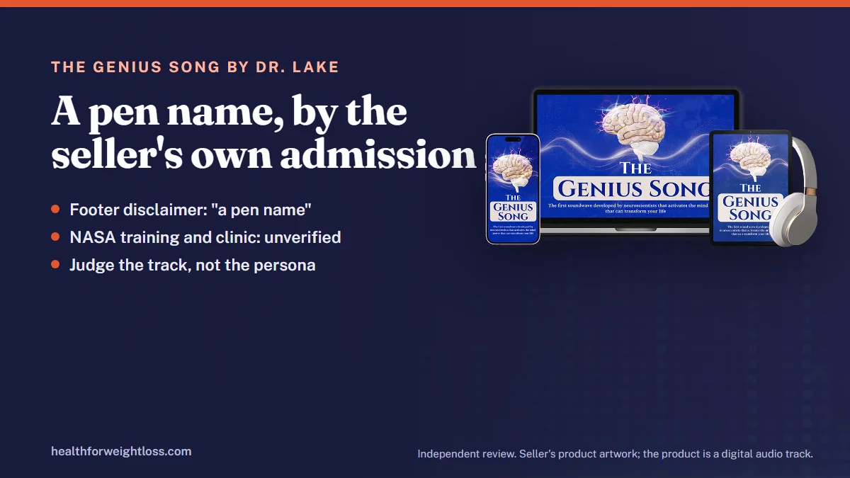 The Genius Song by Dr. Lake: the seller's device mockup next to a summary of the footer disclaimer