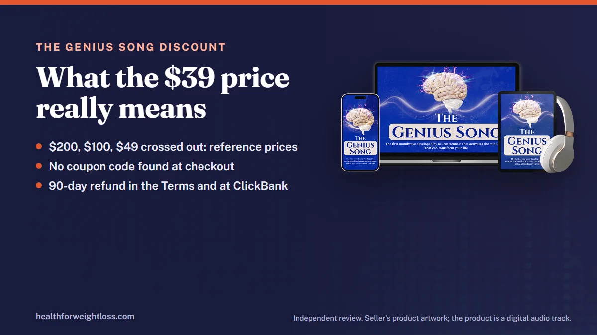 The Genius Song discount: the seller's product artwork beside its $39 price tag, a ladder