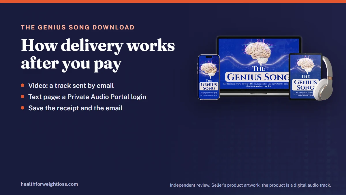 The Genius Song download: the seller's product artwork beside the two delivery routes the seller describes, email