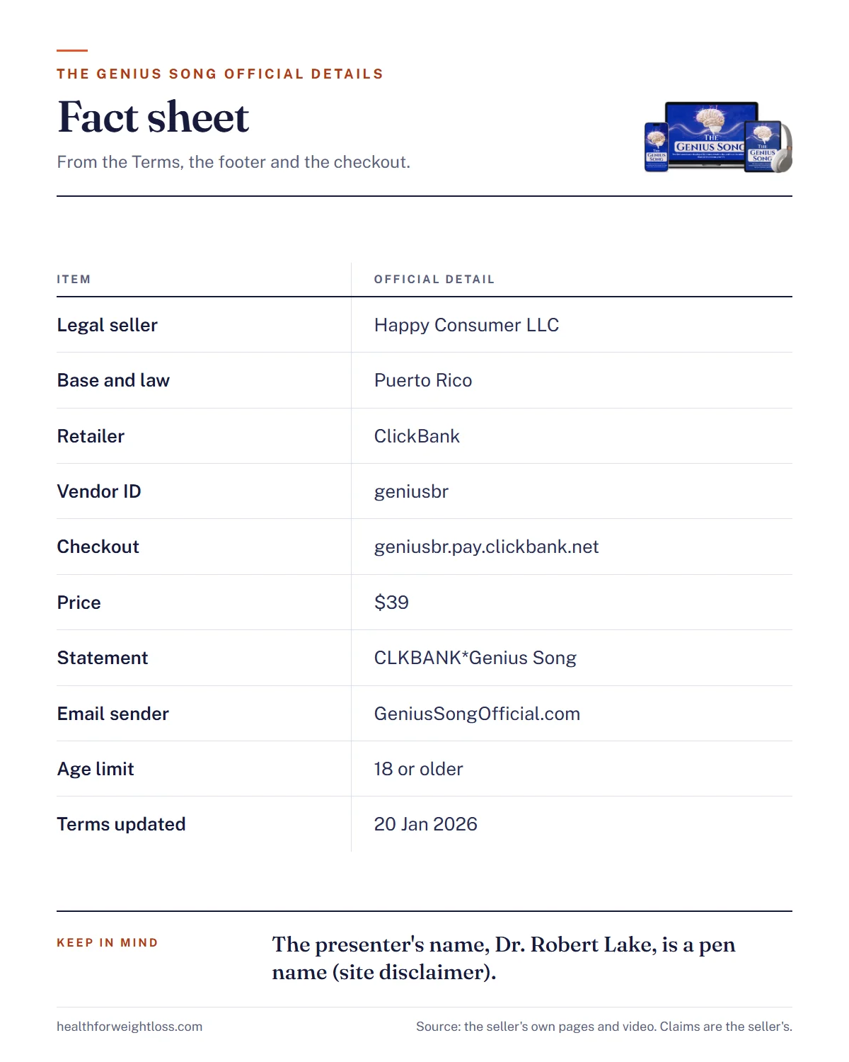 The Genius Song official infographic: seller, base, retailer, vendor ID, checkout address, statement name