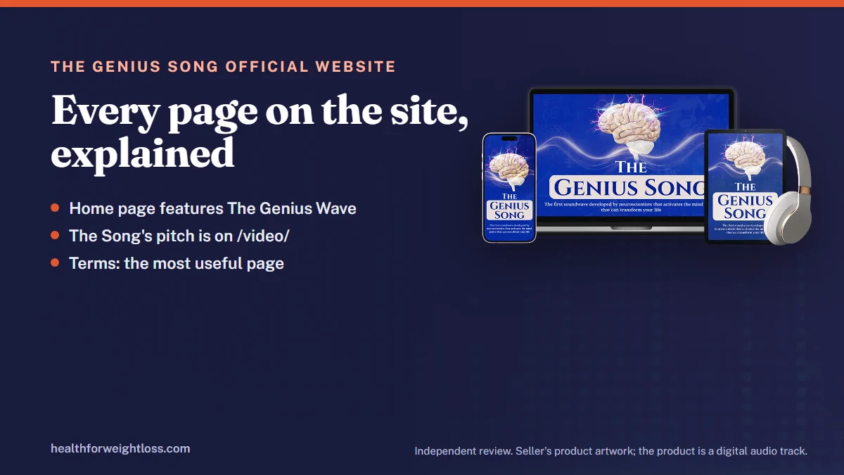 The Genius Song official website: the seller's product artwork beside the six pages of geniussongoriginal.com covered