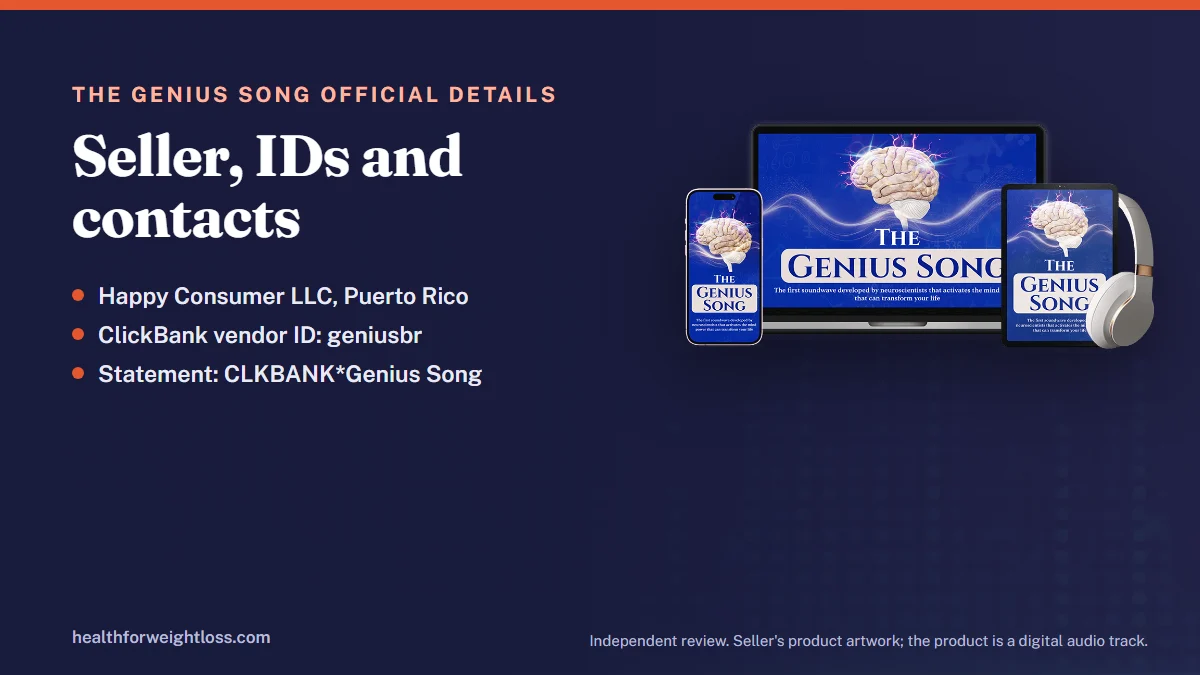 The Genius Song official: the seller's product artwork beside the company name, ClickBank vendor ID and contact routes