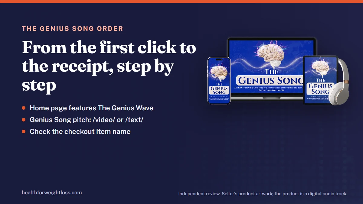 The Genius Song order: five-step walkthrough from the landing page to the ClickBank checkout and receipt