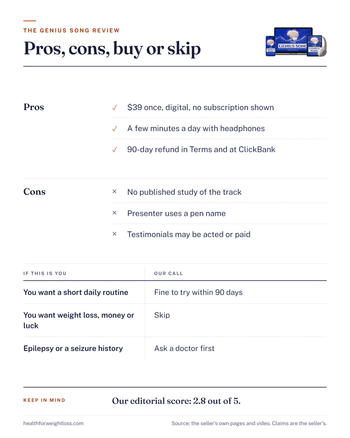 The Genius Song review infographic: pros and cons at a glance and a buy or skip table matched to your reason