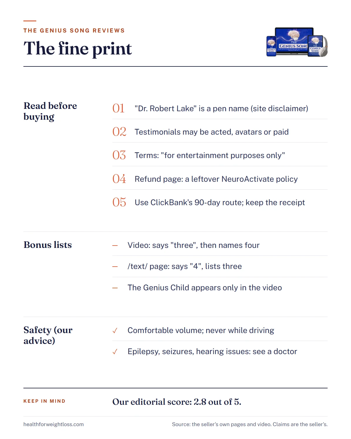 The Genius Song reviews infographic: the fine print on the pen name, the testimonial terms, the mismatched refund page