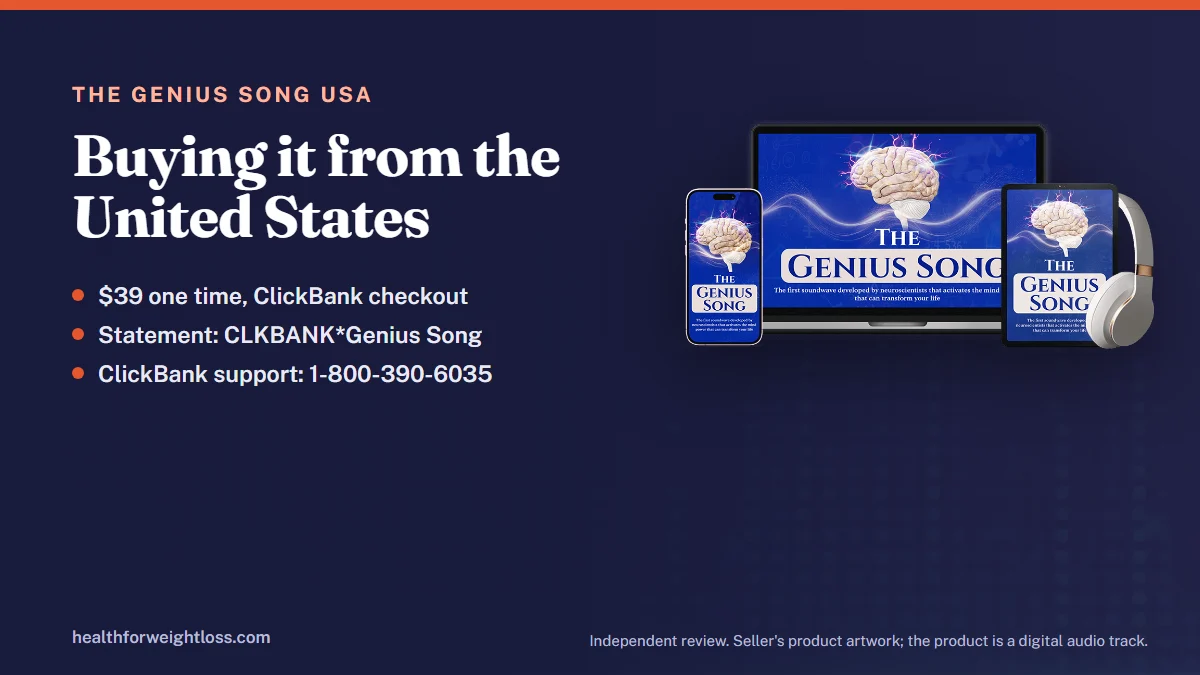 The Genius Song USA: the seller's product artwork beside the $39 USD price, the ClickBank checkout