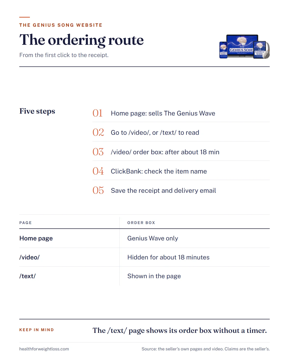The Genius Song website infographic: five steps from the home page to the presentation, the order box