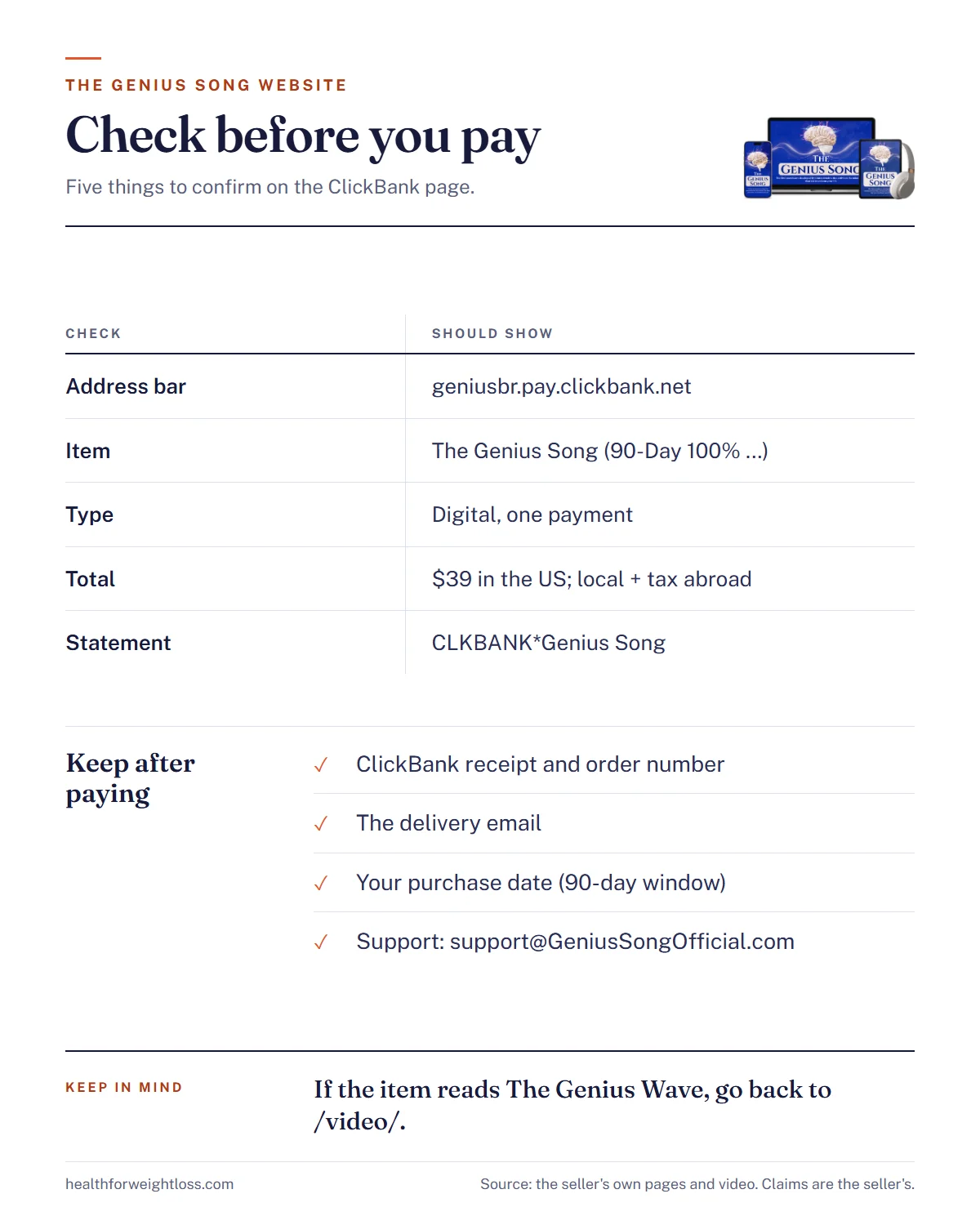The Genius Song website checkout infographic: the five things to confirm on the ClickBank page and what to keep after paying