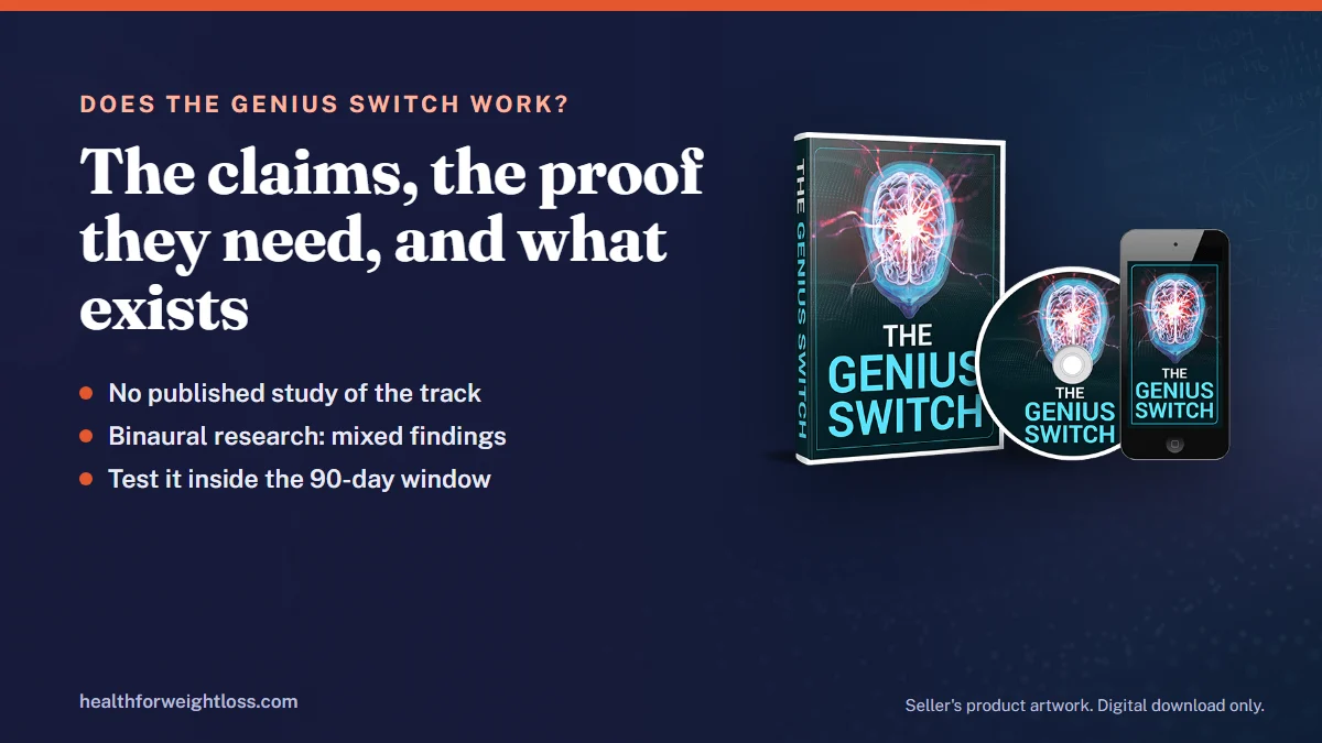 The Genius Switch, does it work: the seller's product artwork next to a summary of the claims and the evidence behind them