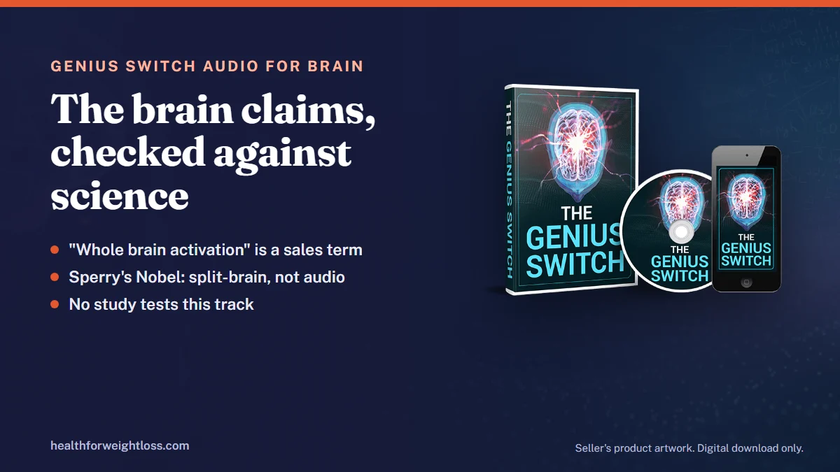 The Genius Switch audio for brain claims: the seller's product artwork beside notes on whole brain activation
