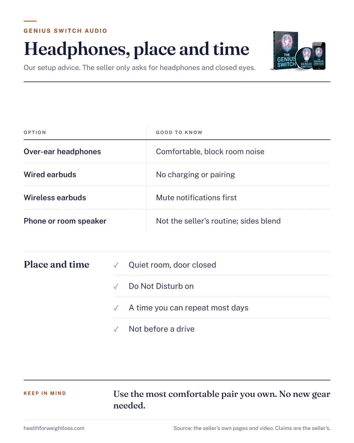 The Genius Switch audio setup infographic: headphone options compared and how to choose a quiet place