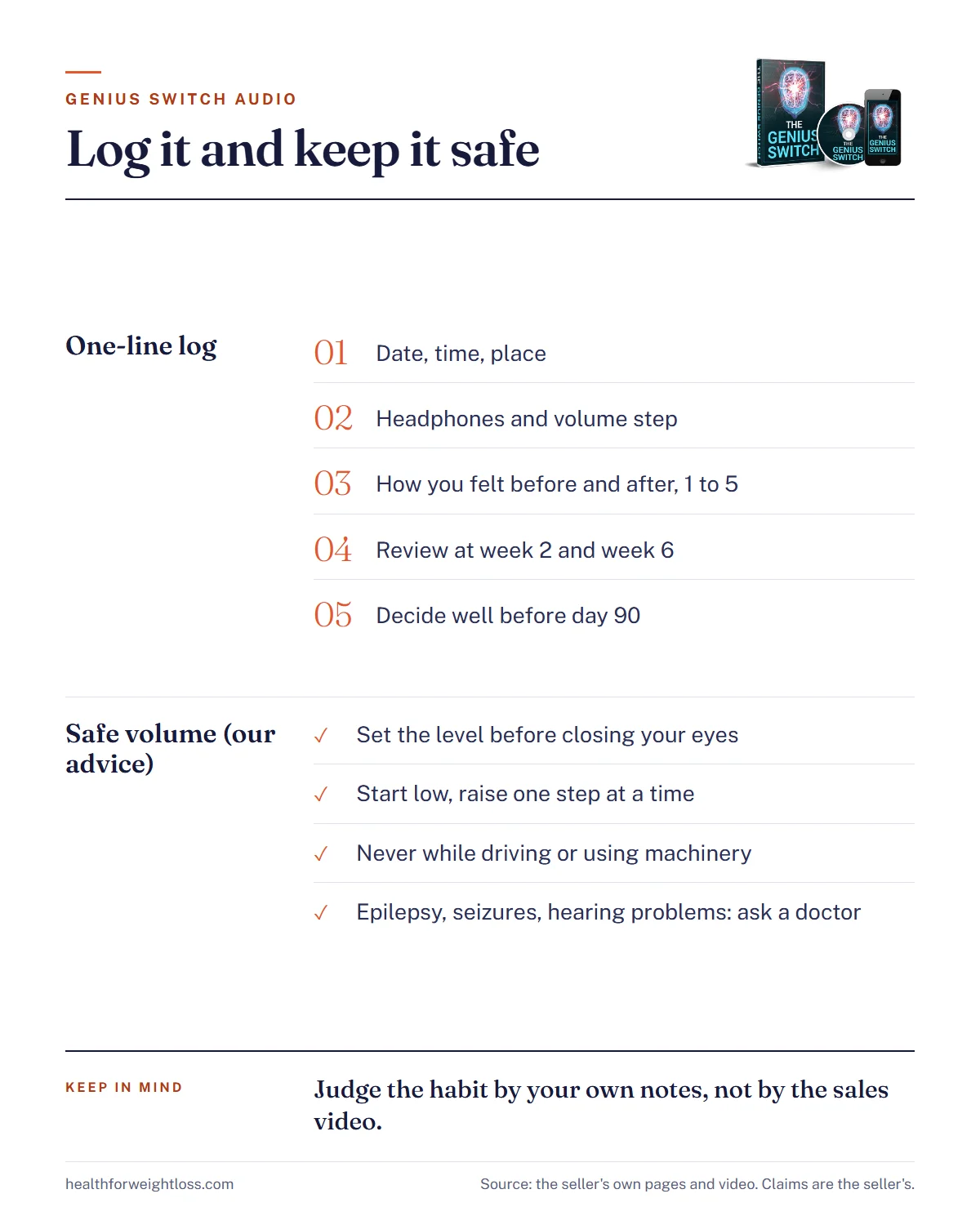 The Genius Switch audio log and safety infographic: a one-line listening log, review points at weeks two and six