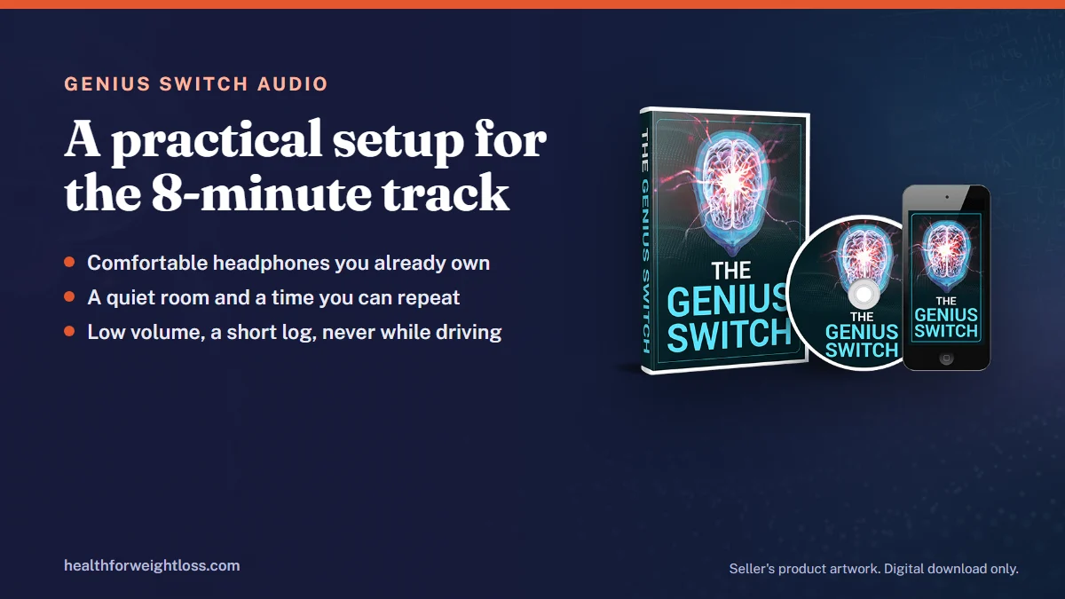 The Genius Switch audio setup guide: the seller's product artwork beside notes on headphones, a quiet room