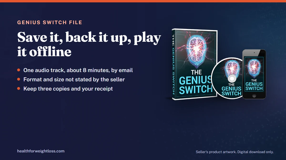 The Genius Switch file guide: the seller's product artwork beside steps to save, back up and play the audio offline