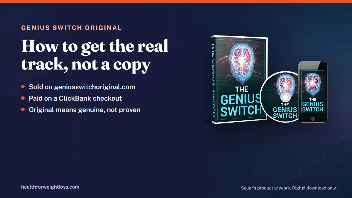 The Genius Switch original versus copies: the seller's product artwork beside notes on the real domain