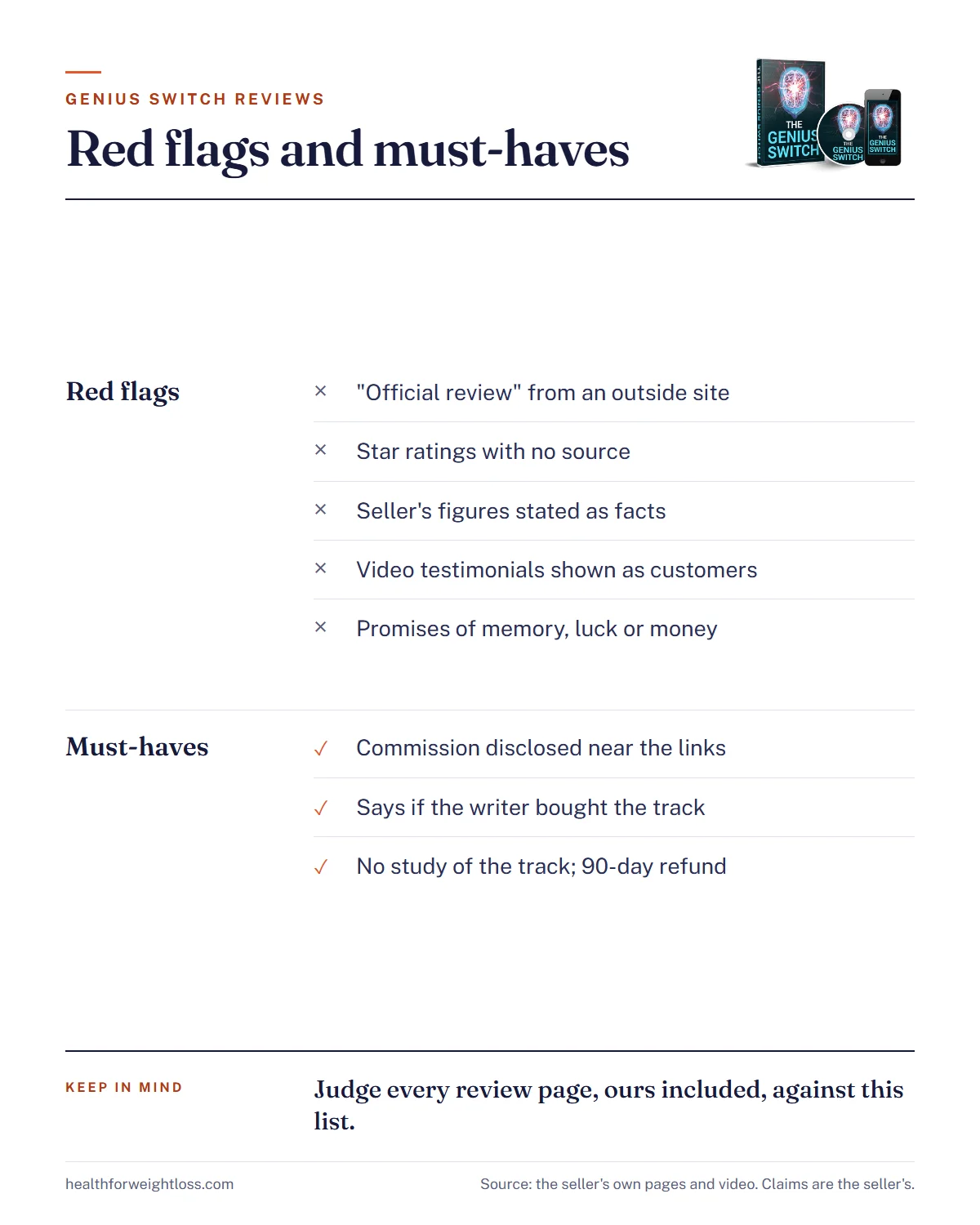 The Genius Switch reviews infographic: eight red flags on review pages