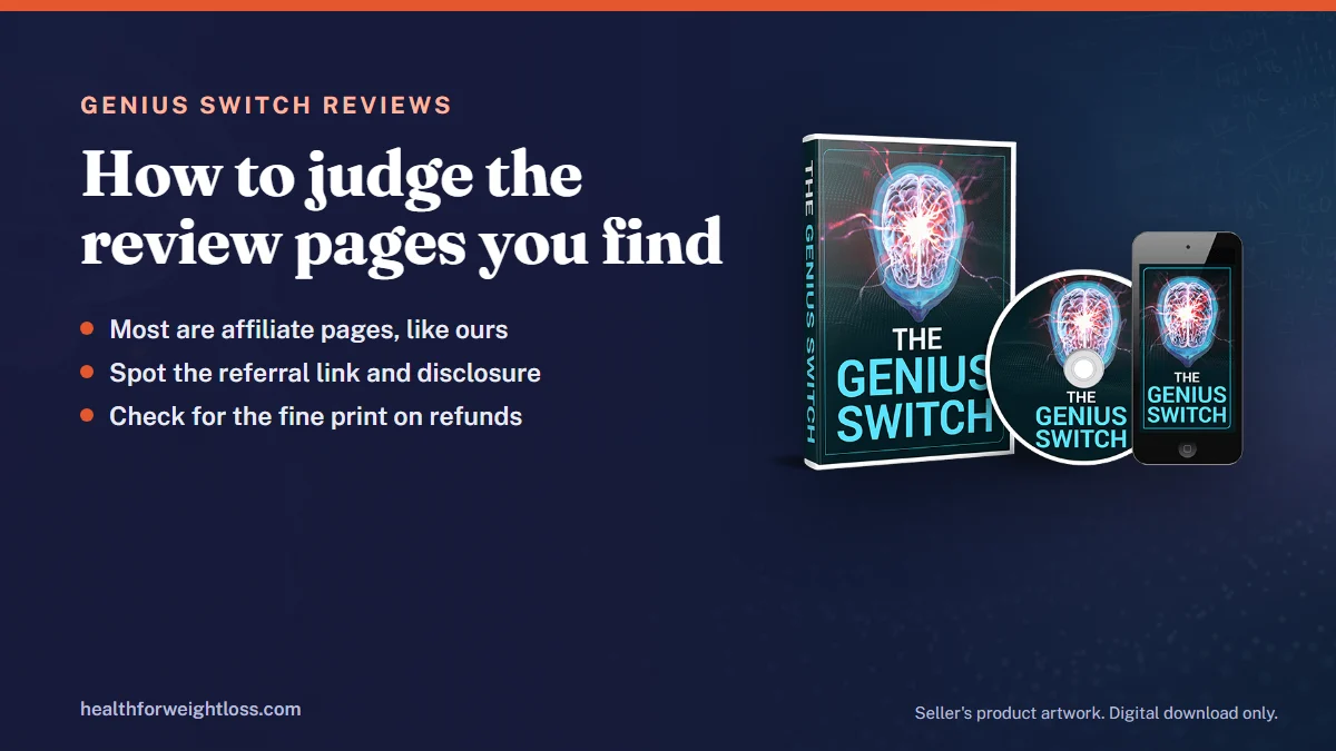 The Genius Switch reviews guide: the seller's product artwork beside a checklist for judging review pages