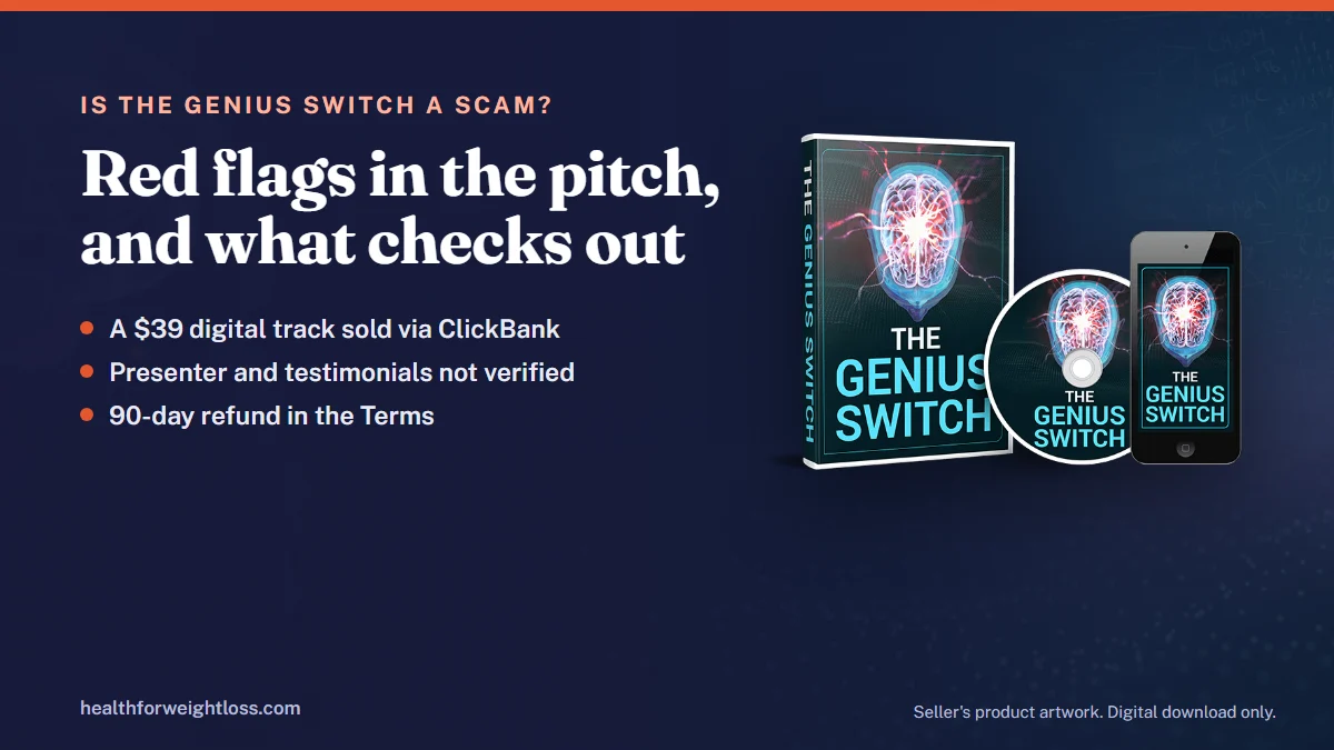 The Genius Switch, is it a scam: the seller's product artwork beside the main red flags and the facts that check out