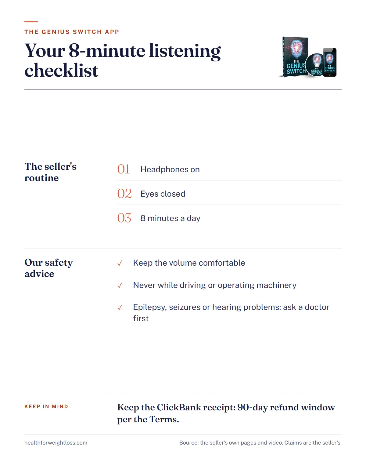 The Genius Switch 8-minute listening checklist: the seller's routine of headphones on, eyes closed, 8 minutes a day, and our safety advice to keep the volume comfortable, never listen while driving or operating machinery, and ask a doctor first with epilepsy, seizures or hearing problems; keep the ClickBank receipt for the 90-day refund window