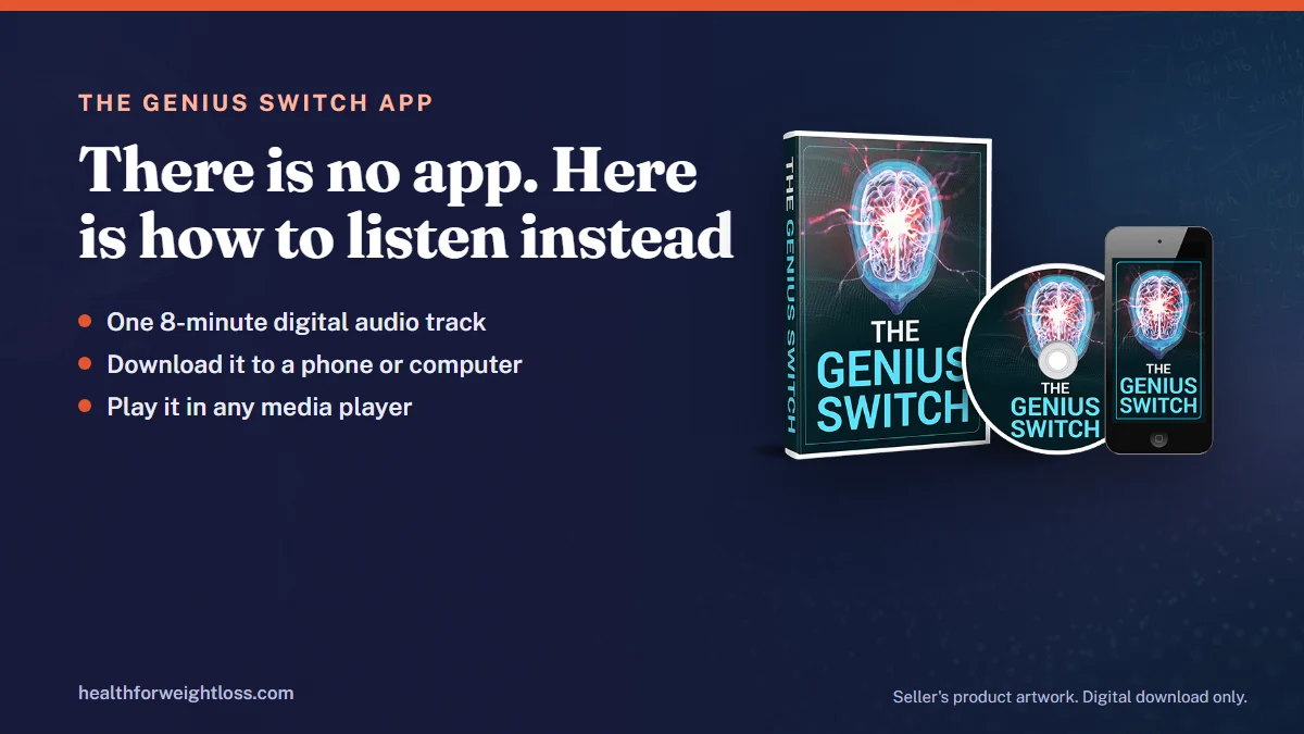 The Genius Switch app: the seller's product artwork for The Genius Switch beside the key facts for this guide