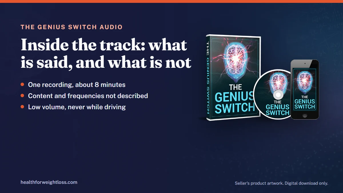 The Genius Switch audio: the seller's product artwork beside the key facts about the 8-minute listening track
