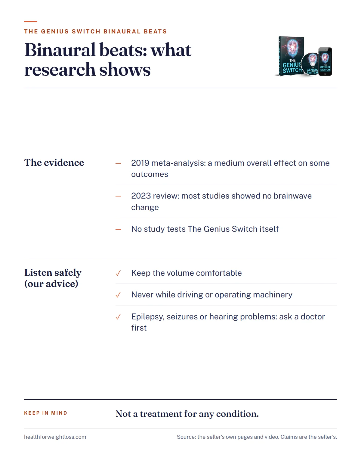 The Genius Switch and binaural beats, what research shows: a 2019 meta-analysis found a medium overall effect on some outcomes, a 2023 review found most studies showed no brainwave change, no study tests The Genius Switch itself; listen safely by keeping the volume comfortable, never while driving, and asking a doctor first with epilepsy, seizures or hearing problems
