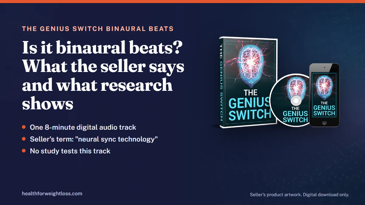 The Genius Switch binaural beats: the seller's product artwork for The Genius Switch beside the key facts for this guide