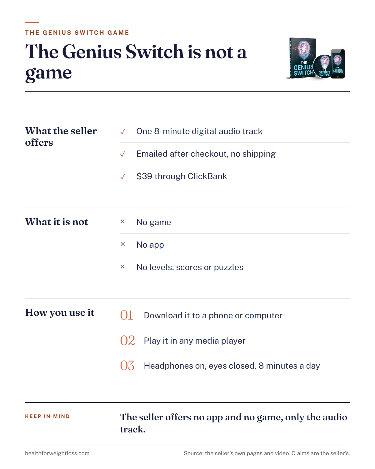 The Genius Switch game infographic: why it is not a game or app, what the 8-minute digital audio track is