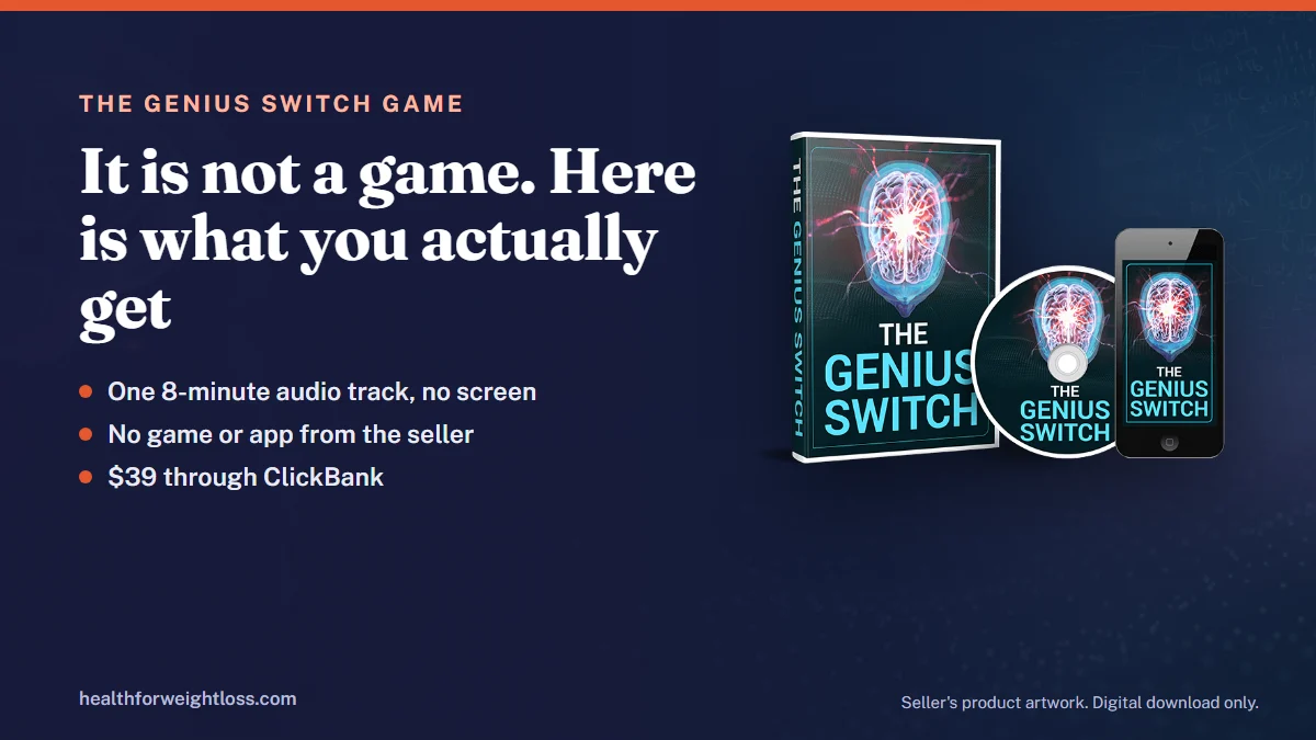 The Genius Switch game: the seller's product artwork for The Genius Switch beside the key facts for this guide
