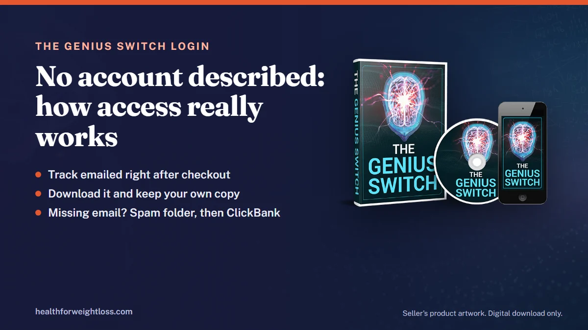 The Genius Switch login: the seller's product artwork beside the steps for getting the track by email after checkout