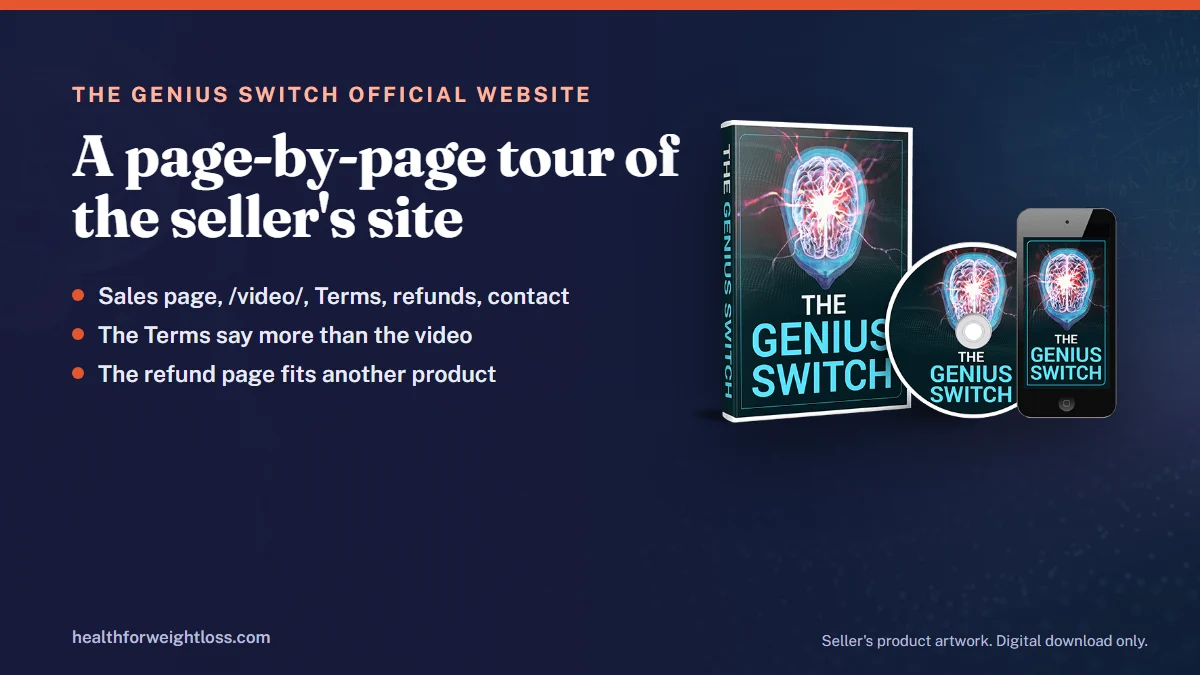 The Genius Switch official website tour: the seller's product artwork beside the five pages of the site covered in this guide