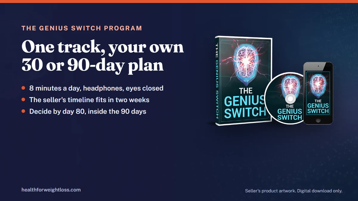 The Genius Switch program: the seller's product artwork beside a 30-day and 90-day listening calendar
