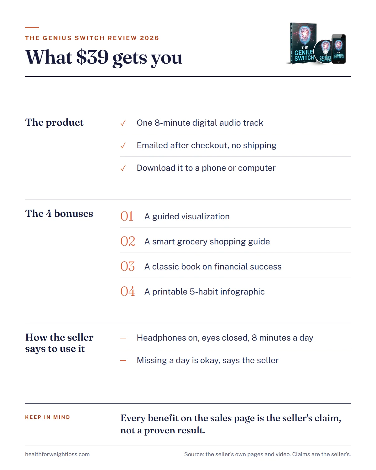 The Genius Switch order at $39, what it gets you: one 8-minute digital audio track emailed after checkout and downloaded to a phone or computer, four bonuses, and the seller's routine of headphones on, eyes closed, 8 minutes a day