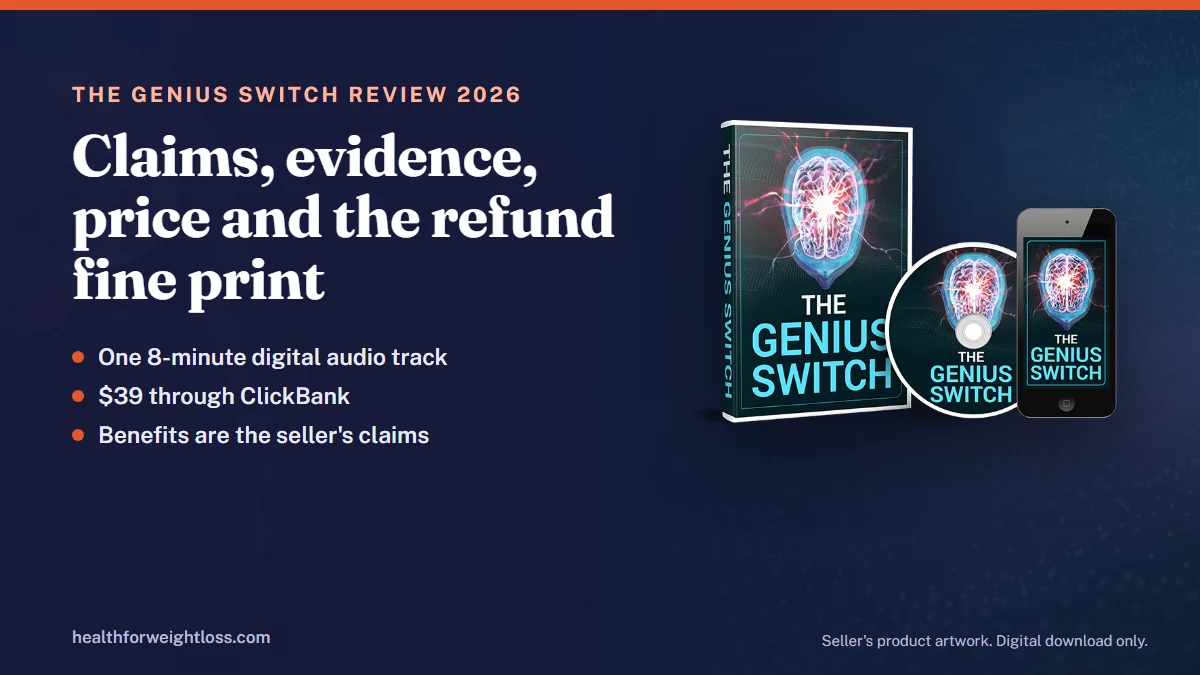 The Genius Switch review 2026: the seller's product artwork for The Genius Switch beside the key facts for this guide