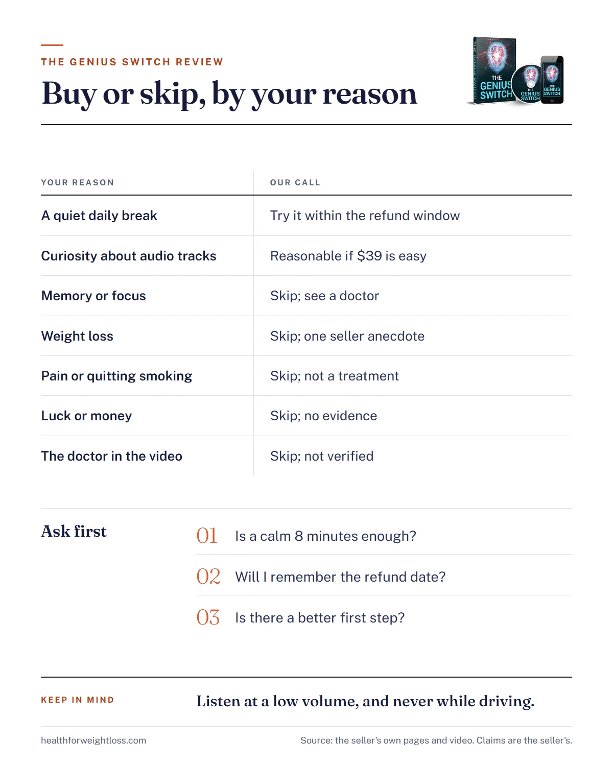 The Genius Switch review infographic: a buy or skip guide matched to the reason you want the track
