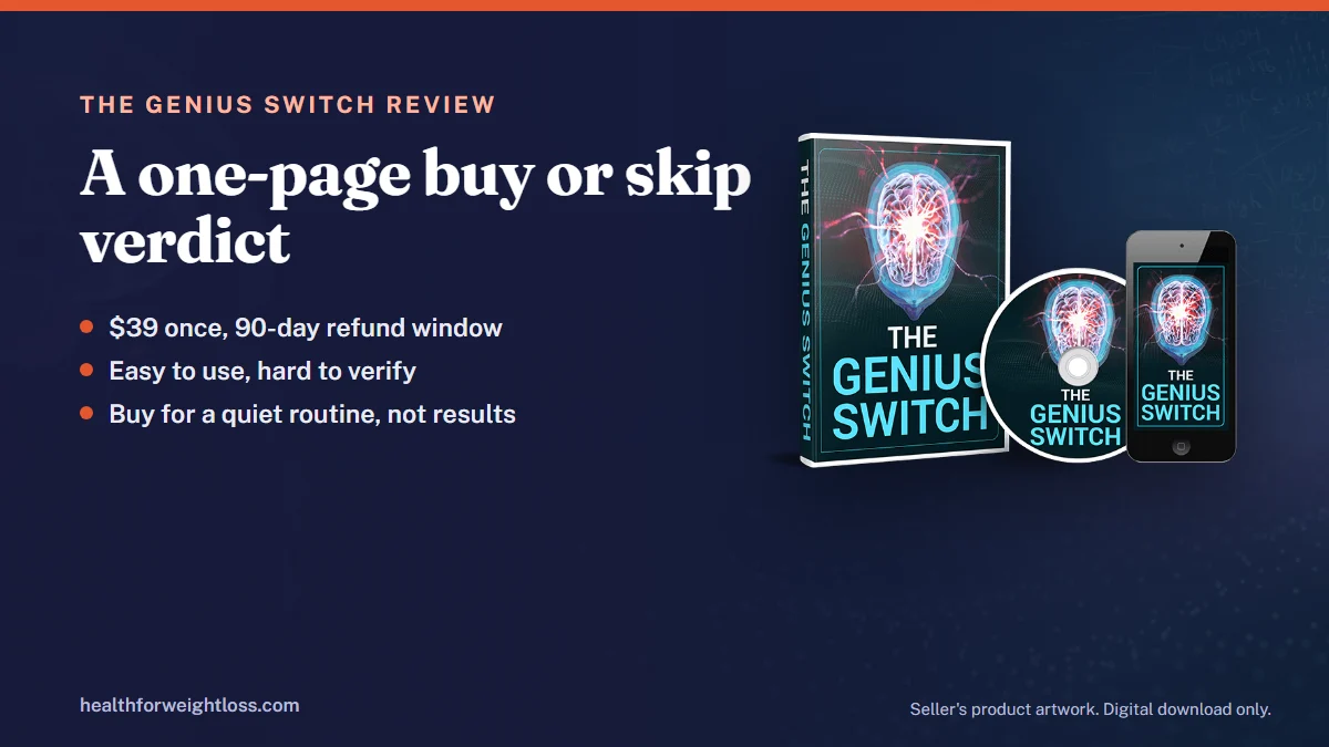 The Genius Switch review quick verdict: the seller's product artwork beside a short buy or skip summary of the $39 download