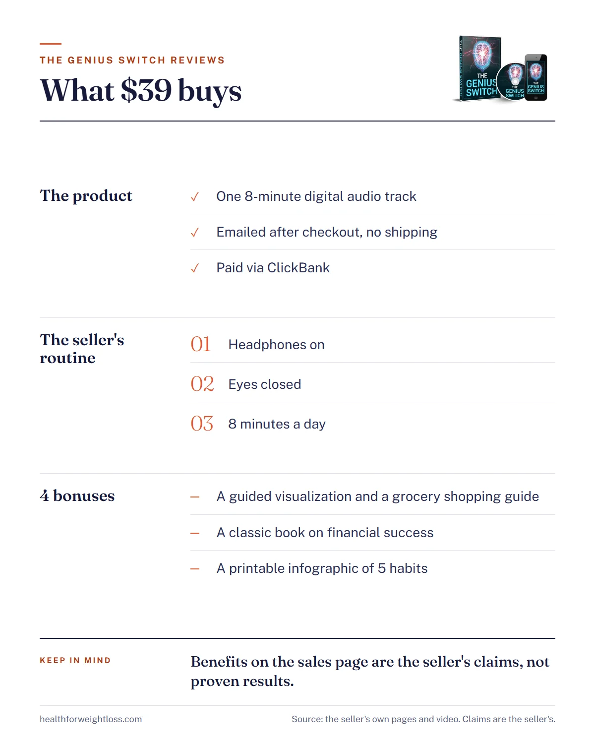 The Genius Switch at $39, what it buys: one 8-minute digital audio track emailed after checkout and paid via ClickBank, the seller's routine of headphones on, eyes closed, 8 minutes a day, and 4 bonuses: a guided visualization, a grocery shopping guide, a classic book on financial success and a printable infographic of 5 habits