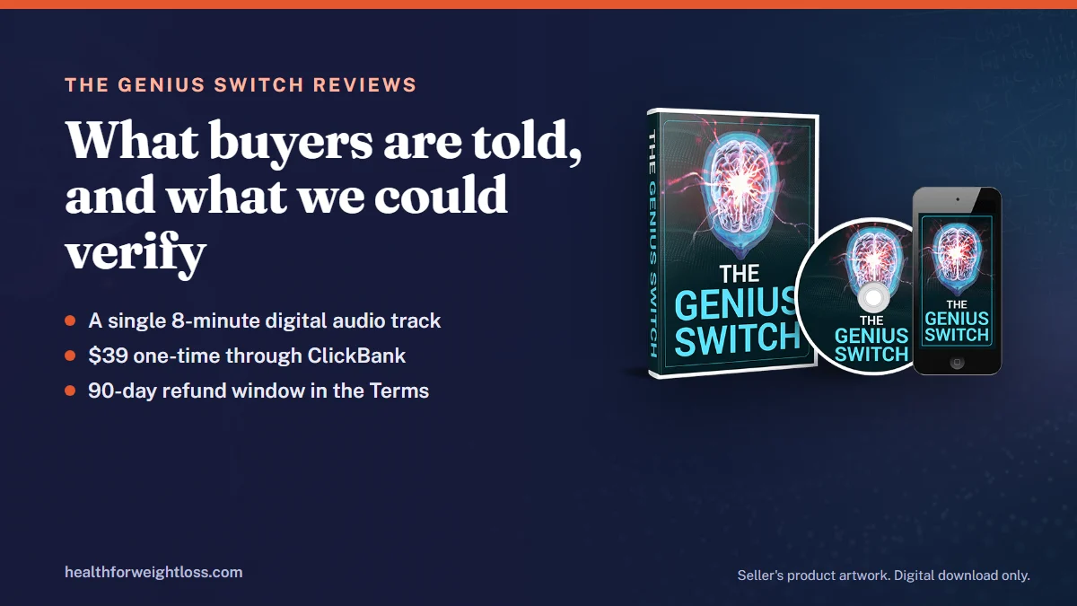 The Genius Switch reviews: the seller's product artwork for The Genius Switch beside the key facts for this guide