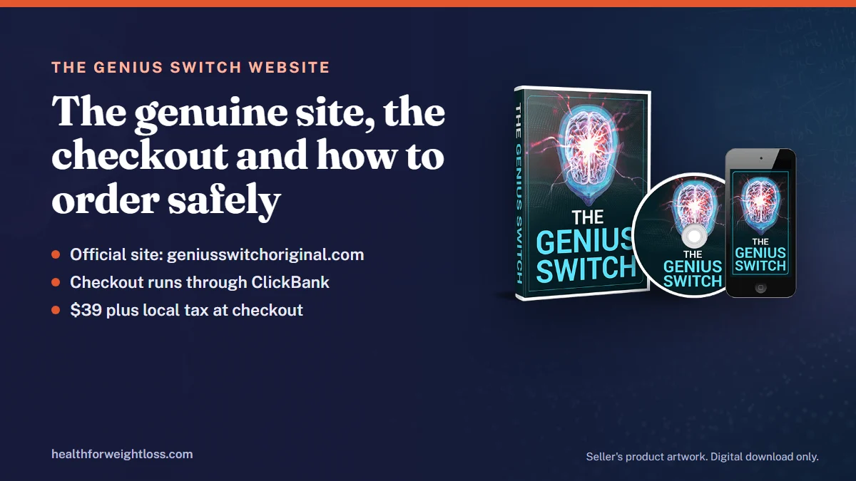 The Genius Switch website: the seller's product artwork for The Genius Switch beside the key facts for this guide