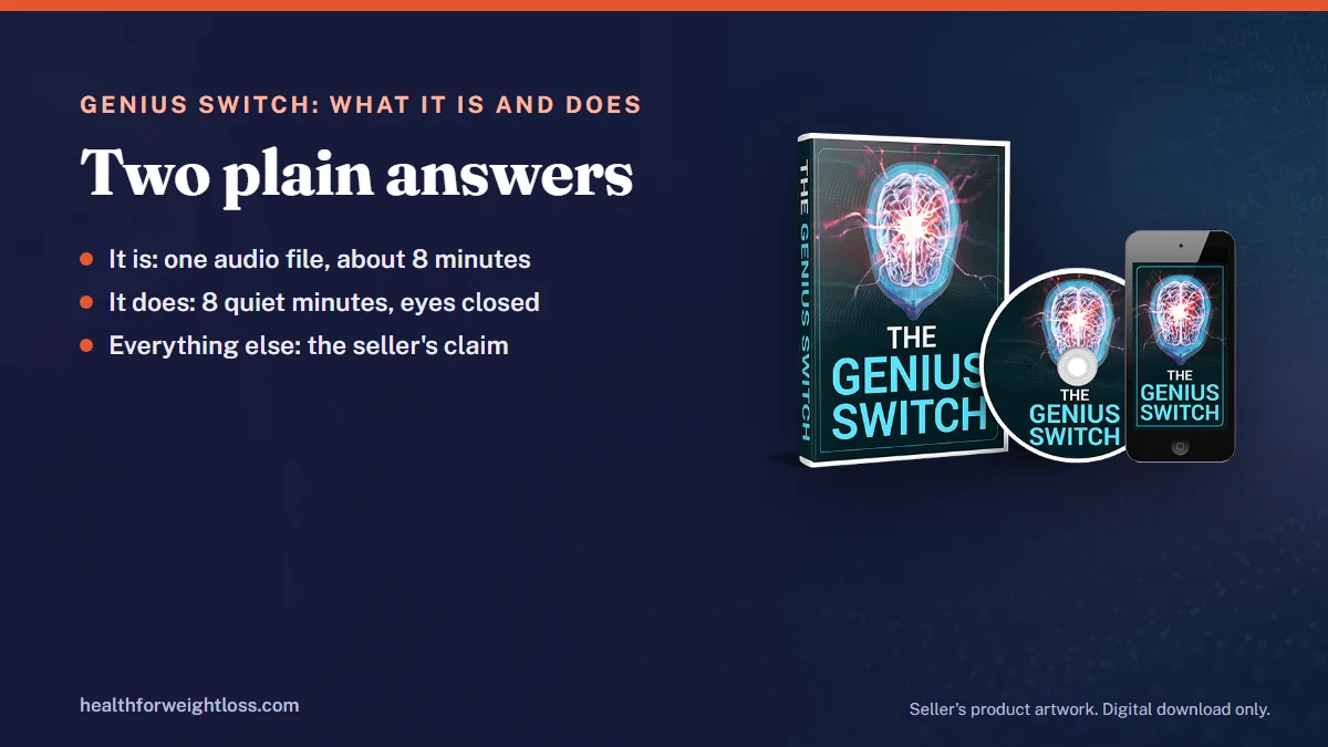 The Genius Switch, what it is and what it does: the seller's product artwork beside a two-part answer covering the audio file