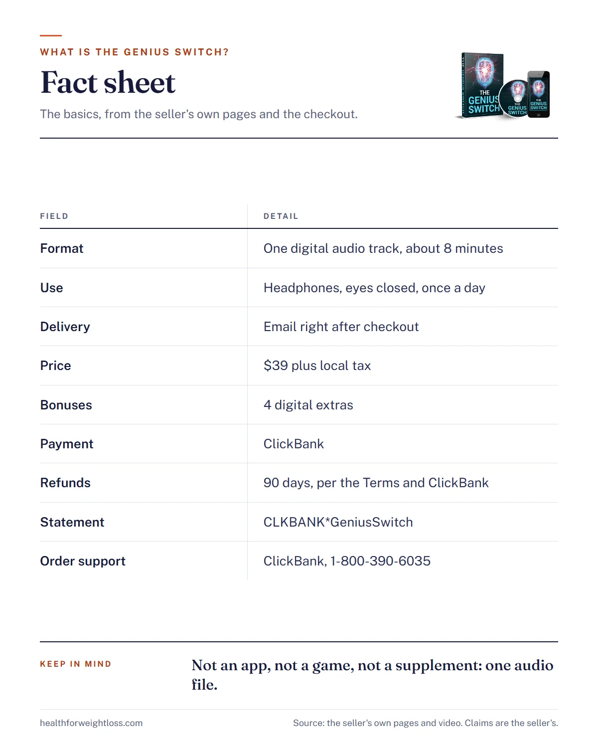 The Genius Switch, what it is infographic: a fact sheet covering the 8-minute track, how it is used and delivered