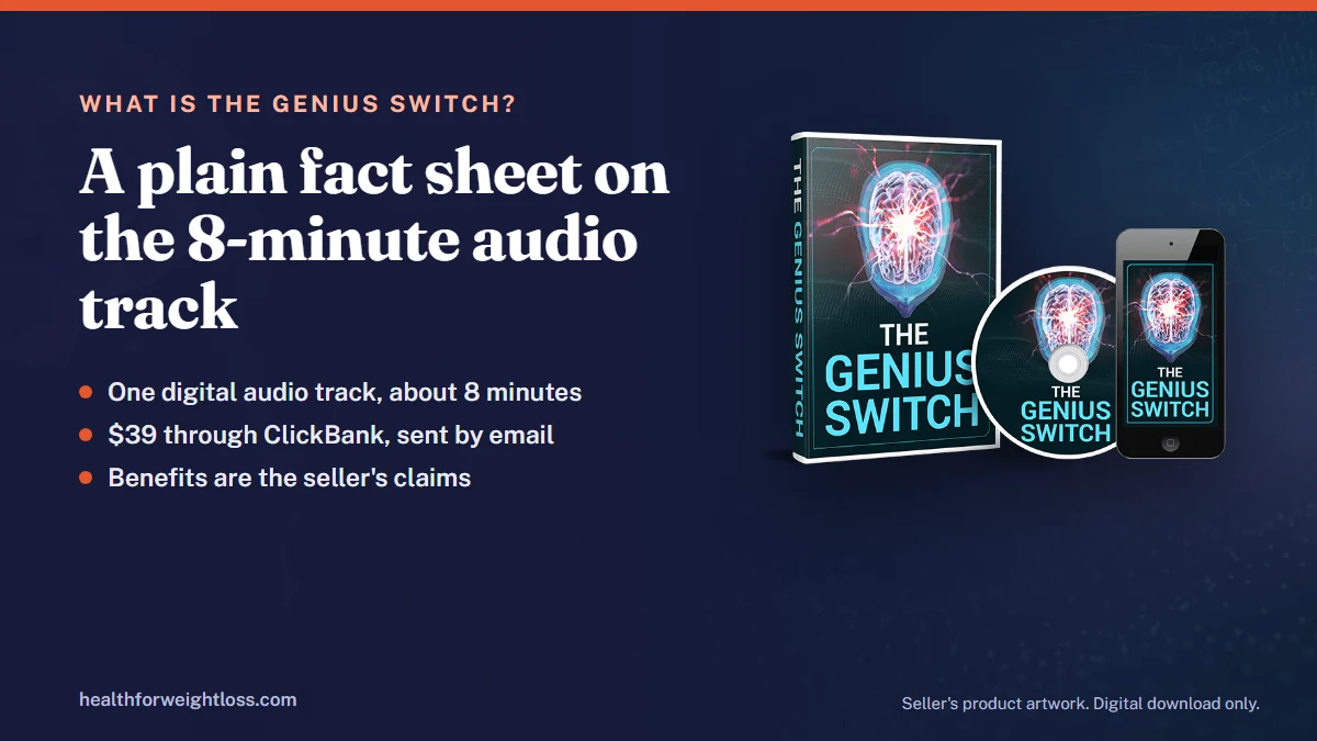 The Genius Switch, what it is: the seller's product artwork next to the basic facts about the 8-minute audio track