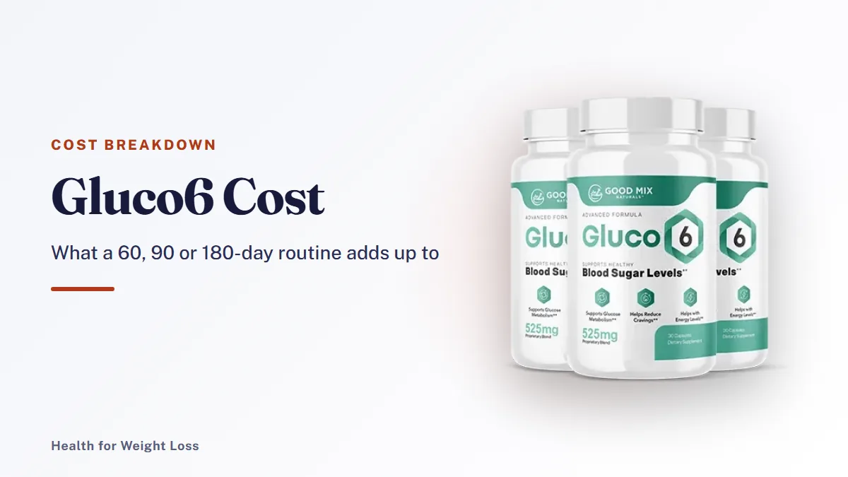 Gluco6 cost guide: the three-bottle Gluco6 package beside a simple month-by-month spending summary