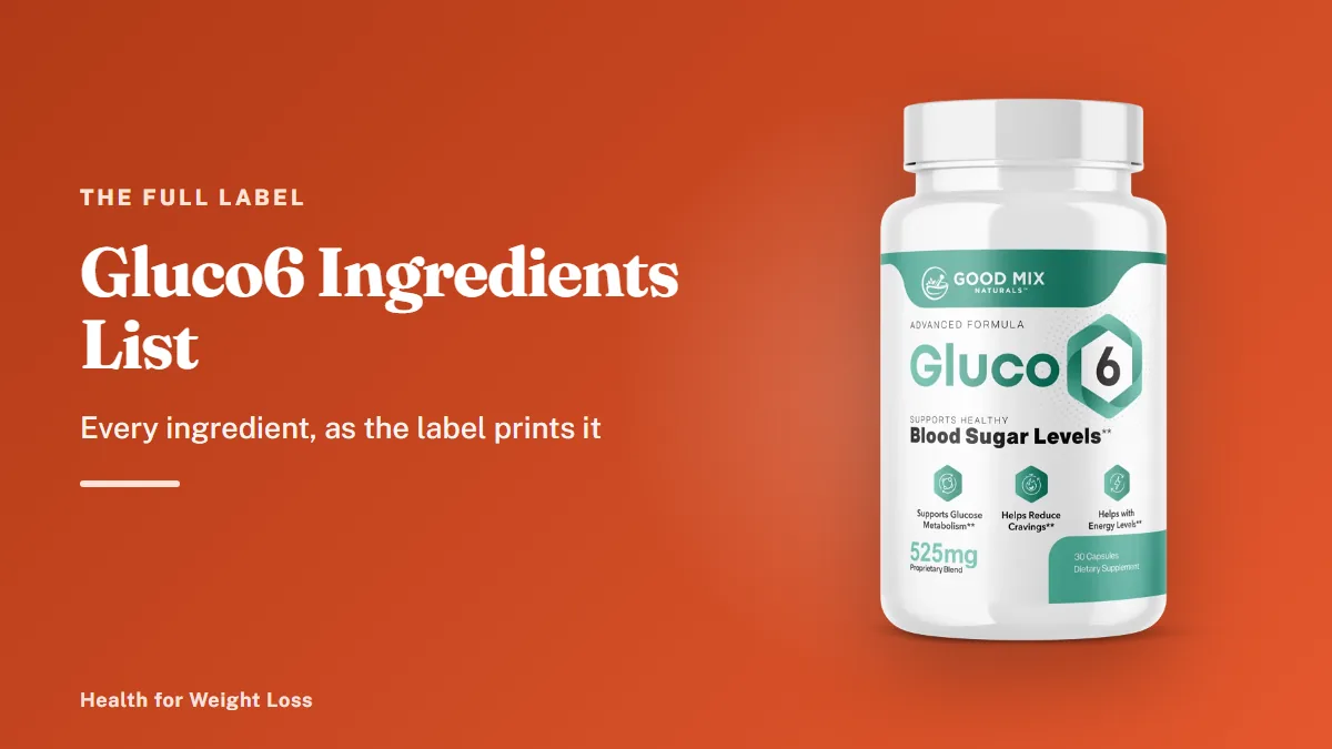 Gluco6 ingredients list: a Gluco6 bottle beside the Supplement Facts lines for vitamins, chromium and the blend
