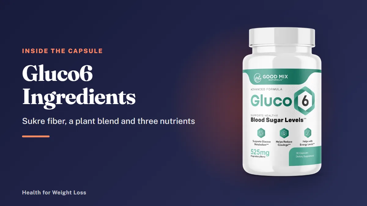 Gluco6 ingredients guide: a Gluco6 bottle beside the capsule's vitamins, chromium and Sukre plant blend